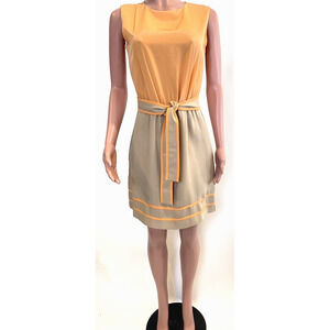 Raoul Laetitia Dress Womens 10 Silk Pumpkin Sesame Color Block Tie Belt